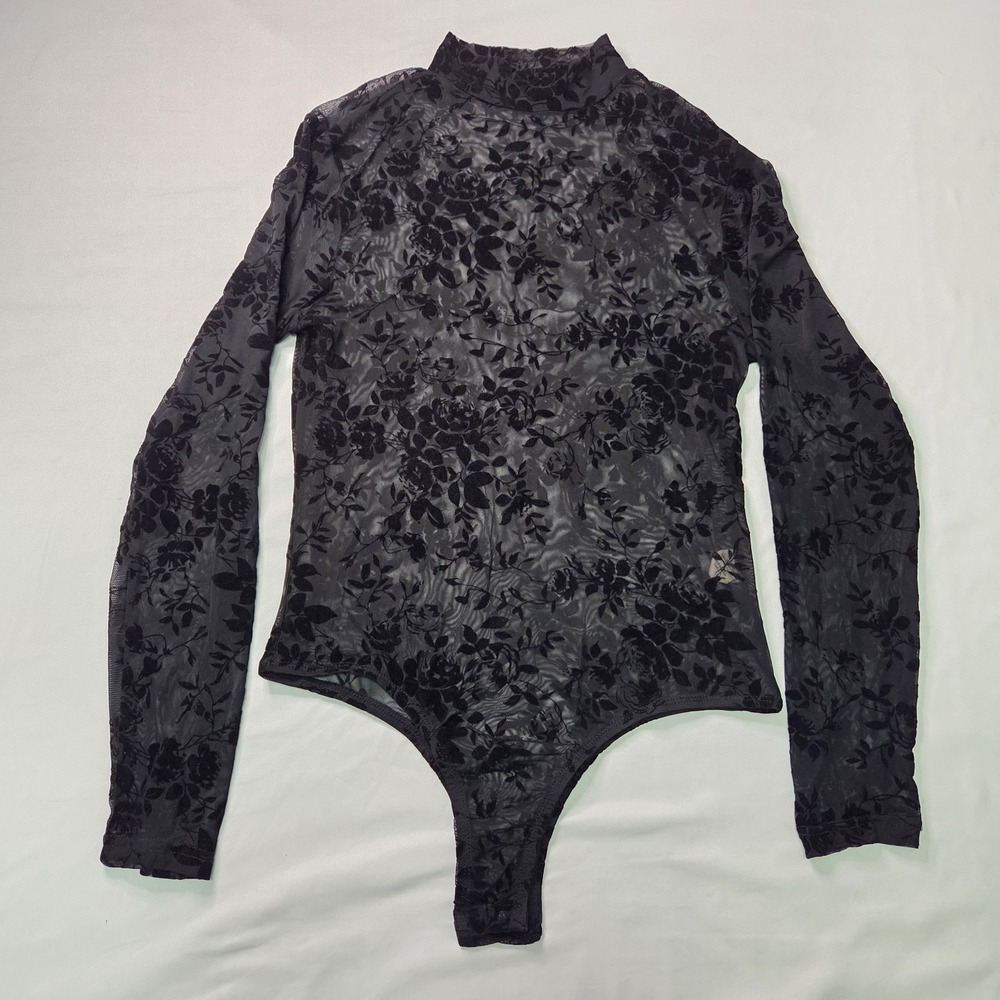 Paper + Tee 1x Blk Floral Mesh Velvet Burnout LS Bodysuit Fairy Grunge Festival